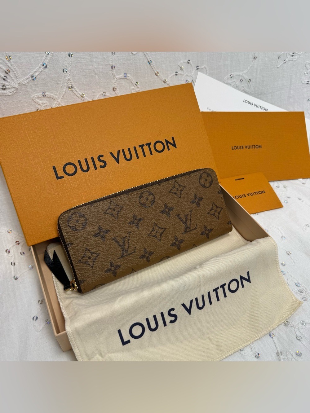 New Reverse Monogram Clémence Wallet- Box, Dust Bag Receipt Inc.